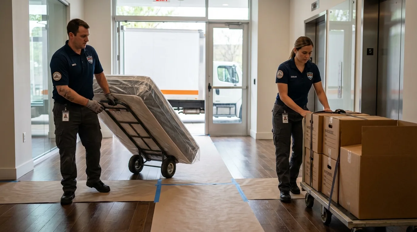 Professional apartment movers loading elevator in Ripley, TN